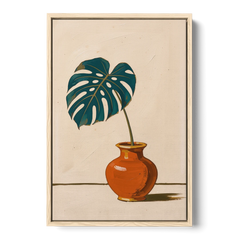 Retro Botanical Prints Monstera Leaf in a Clay Vase - Oak Framed Canvas Wall Art - Front