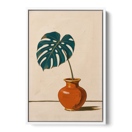 Retro Botanical Prints Monstera Leaf in a Clay Vase - White Framed Canvas Wall Art - Front