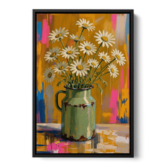 Retro Daisies in a Chipped Milk Jug for the Kitchen - Black Framed Canvas Wall Art - Front