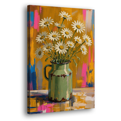 Retro Daisies in a Chipped Milk Jug for the Kitchen - Canvas Wall Art - Side