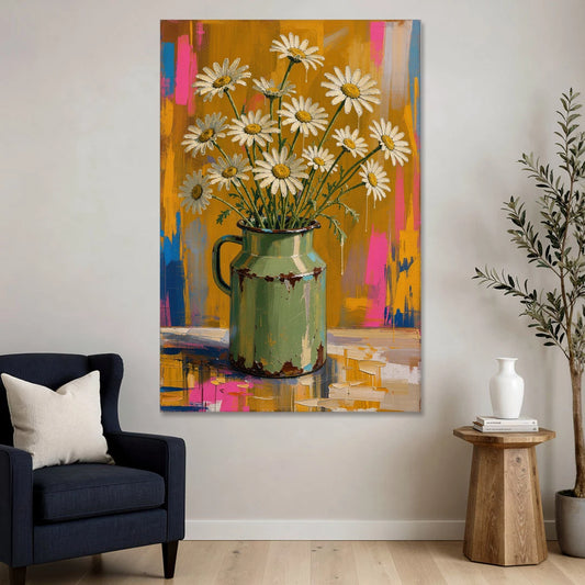 Retro Daisies in a Chipped Milk Jug for the Kitchen - Canvas Wall Art - Sofa - 40x60