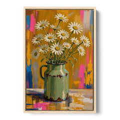 Retro Daisies in a Chipped Milk Jug for the Kitchen - Oak Framed Canvas Wall Art - Front