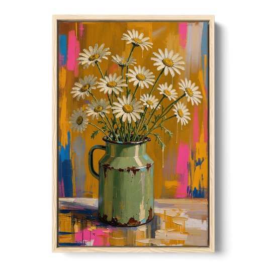 Retro Daisies in a Chipped Milk Jug for the Kitchen - Oak Framed Canvas Wall Art - Front
