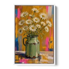 Retro Daisies in a Chipped Milk Jug for the Kitchen - White Framed Canvas Wall Art - Front