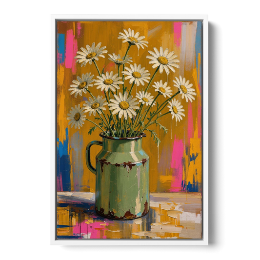 Retro Daisies in a Chipped Milk Jug for the Kitchen - White Framed Canvas Wall Art - Front