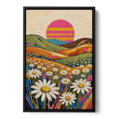 Retro Daisy Hills Under a Striped Sun for Living Rooms - Black Framed Canvas Wall Art - Front