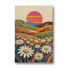Retro Daisy Hills Under a Striped Sun for Living Rooms - Canvas Wall Art - Front