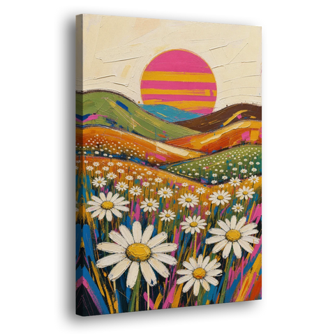 Retro Daisy Hills Under a Striped Sun for Living Rooms - Canvas Wall Art - Side