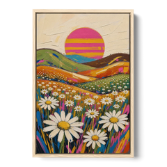 Retro Daisy Hills Under a Striped Sun for Living Rooms - Oak Framed Canvas Wall Art - Front