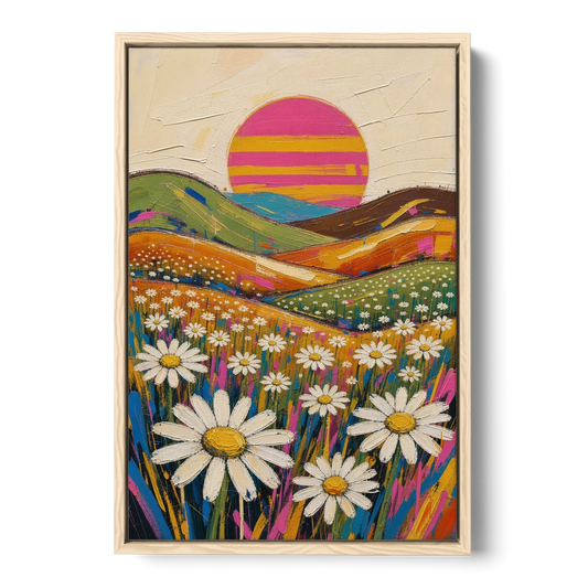 Retro Daisy Hills Under a Striped Sun for Living Rooms - Oak Framed Canvas Wall Art - Front