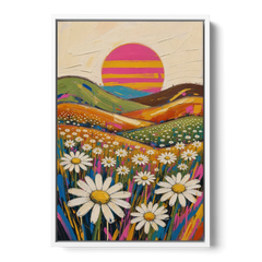 Retro Daisy Hills Under a Striped Sun for Living Rooms - White Framed Canvas Wall Art - Front