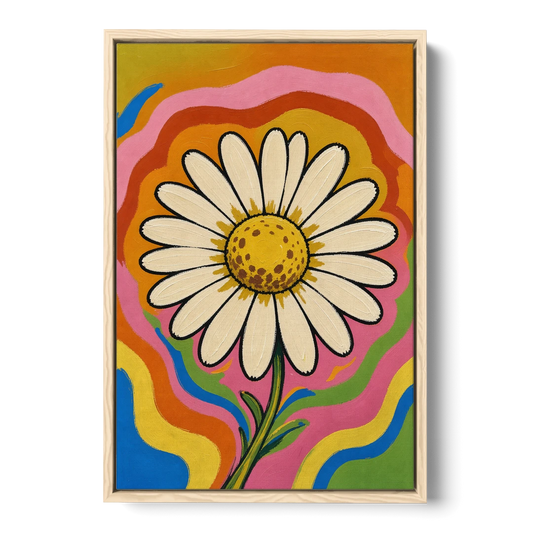 Retro Daisy on Psychedelic Waves - Oak Framed Canvas Wall Art - Front