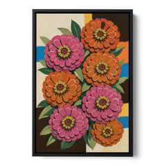 Retro Pink and Orange Zinnia Cluster - Black Framed Canvas Wall Art - Front