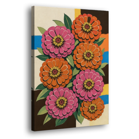 Retro Pink and Orange Zinnia Cluster - Canvas Wall Art - Side