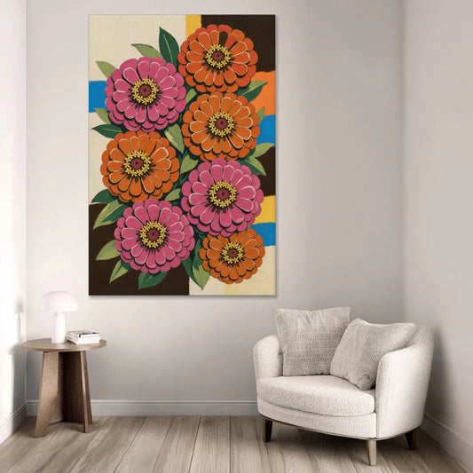 Retro Pink and Orange Zinnia Cluster - Canvas Wall Art - Sofa - 40x60