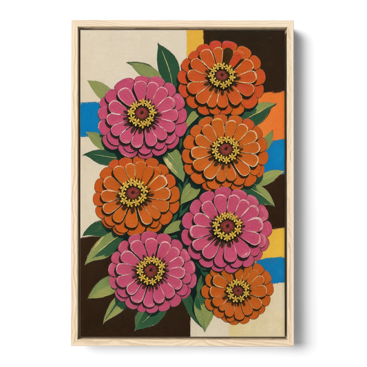 Retro Pink and Orange Zinnia Cluster - Oak Framed Canvas Wall Art - Front