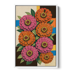 Retro Pink and Orange Zinnia Cluster - White Framed Canvas Wall Art - Front