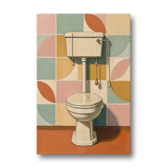 Retro Wall Art High Tank Toilet on Patchwork Tiles - Canvas Wall Art - Front