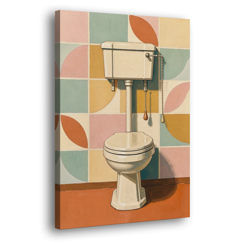 Retro Wall Art High Tank Toilet on Patchwork Tiles - Canvas Wall Art - Side