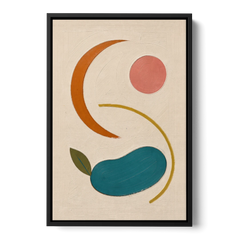 Retro Wall Decor with Teal Pebble and Coral Sun - Black Framed Canvas Wall Art - Front