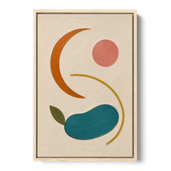 Retro Wall Decor with Teal Pebble and Coral Sun - Oak Framed Canvas Wall Art - Front