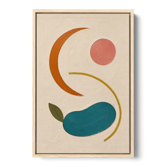 Retro Wall Decor with Teal Pebble and Coral Sun - Oak Framed Canvas Wall Art - Front