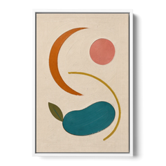 Retro Wall Decor with Teal Pebble and Coral Sun - White Framed Canvas Wall Art - Front
