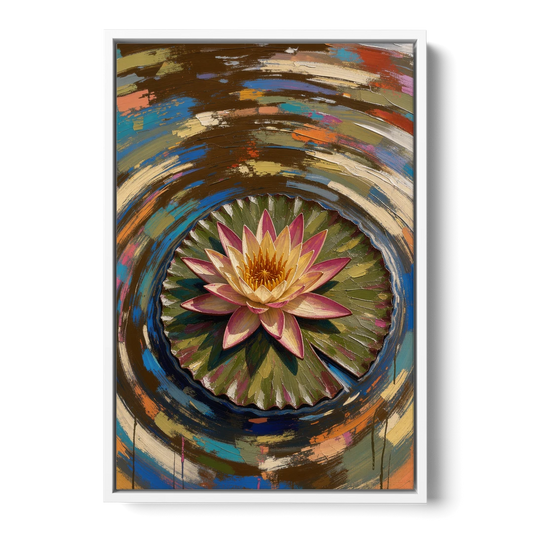 Retro Water Lily in Ripple Rings for the Bathroom - White Framed Canvas Wall Art - Front