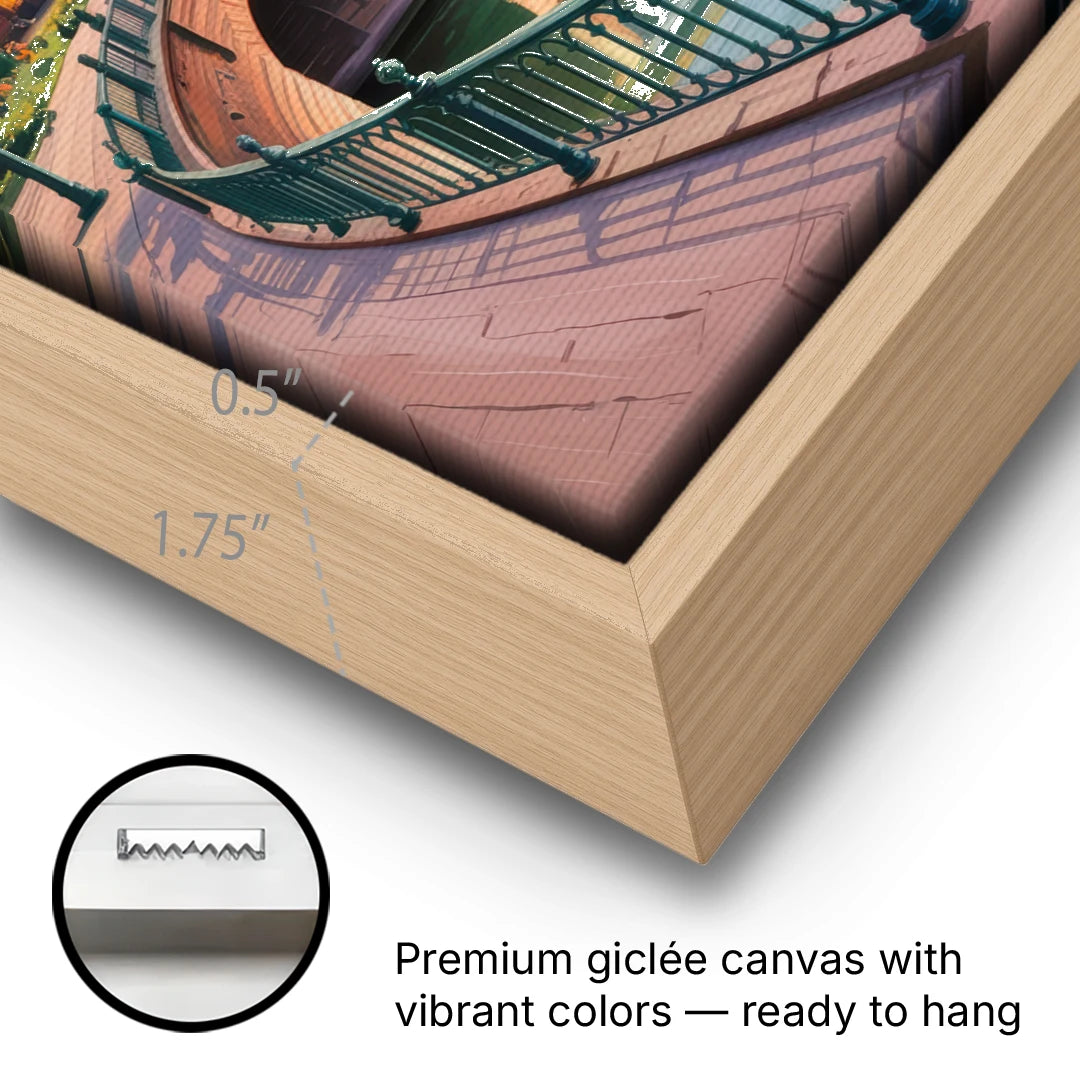 Rhine Promenade - Oak Framed Canvas Wall Art - Gallery Wrap Corner