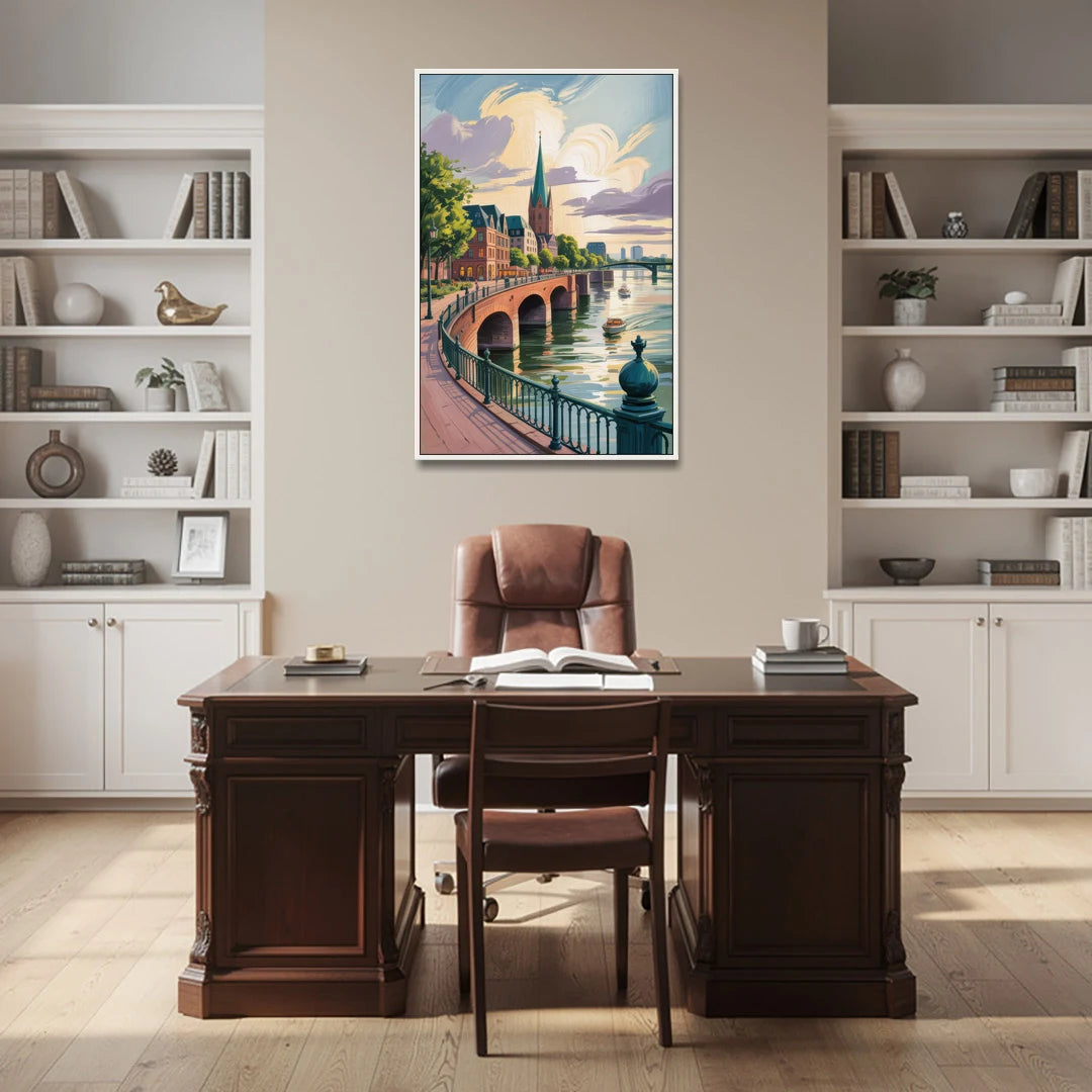 Rhine Promenade - White Framed Canvas Wall Art - Office - 32x48