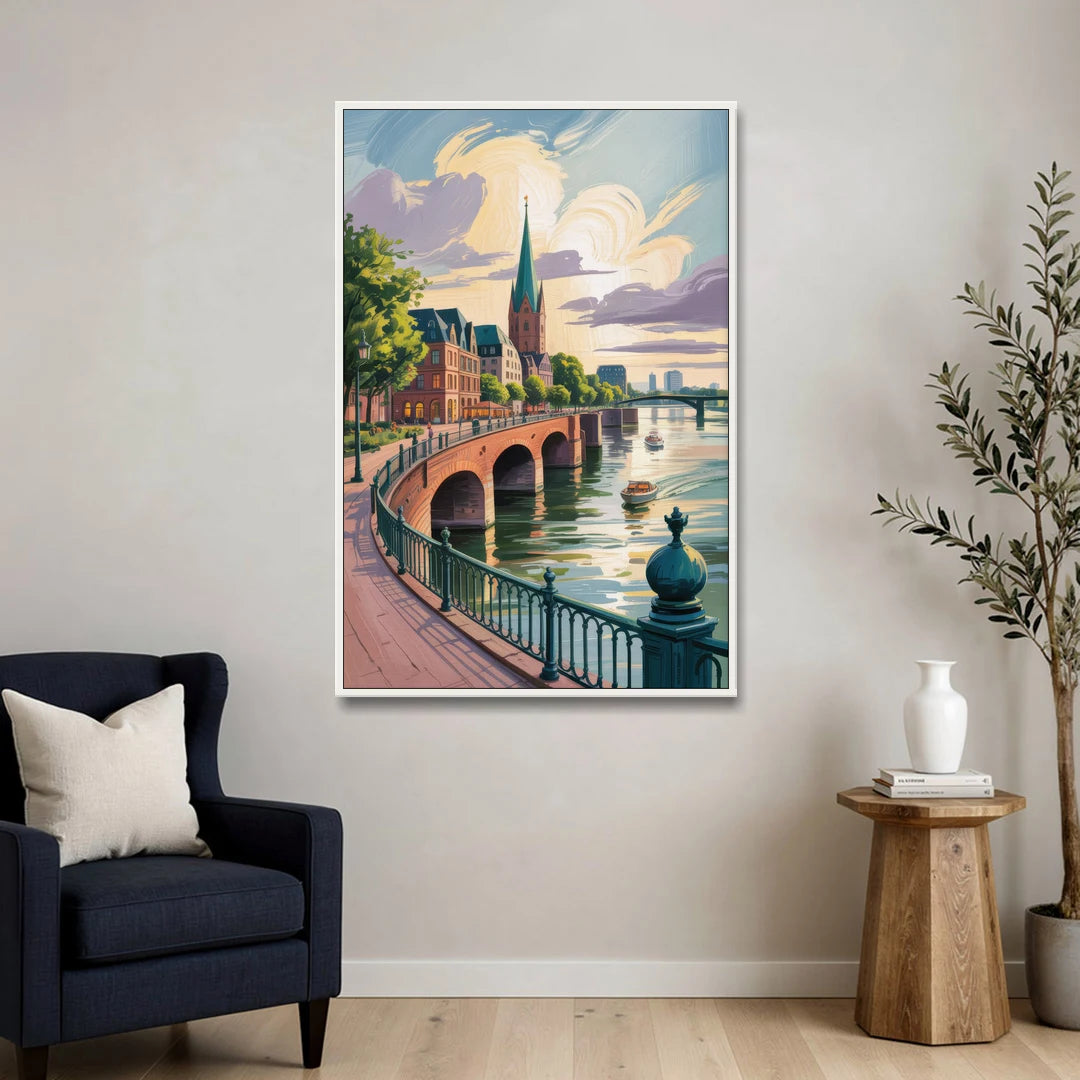 Rhine Promenade - White Framed Canvas Wall Art - Sofa - 32x48