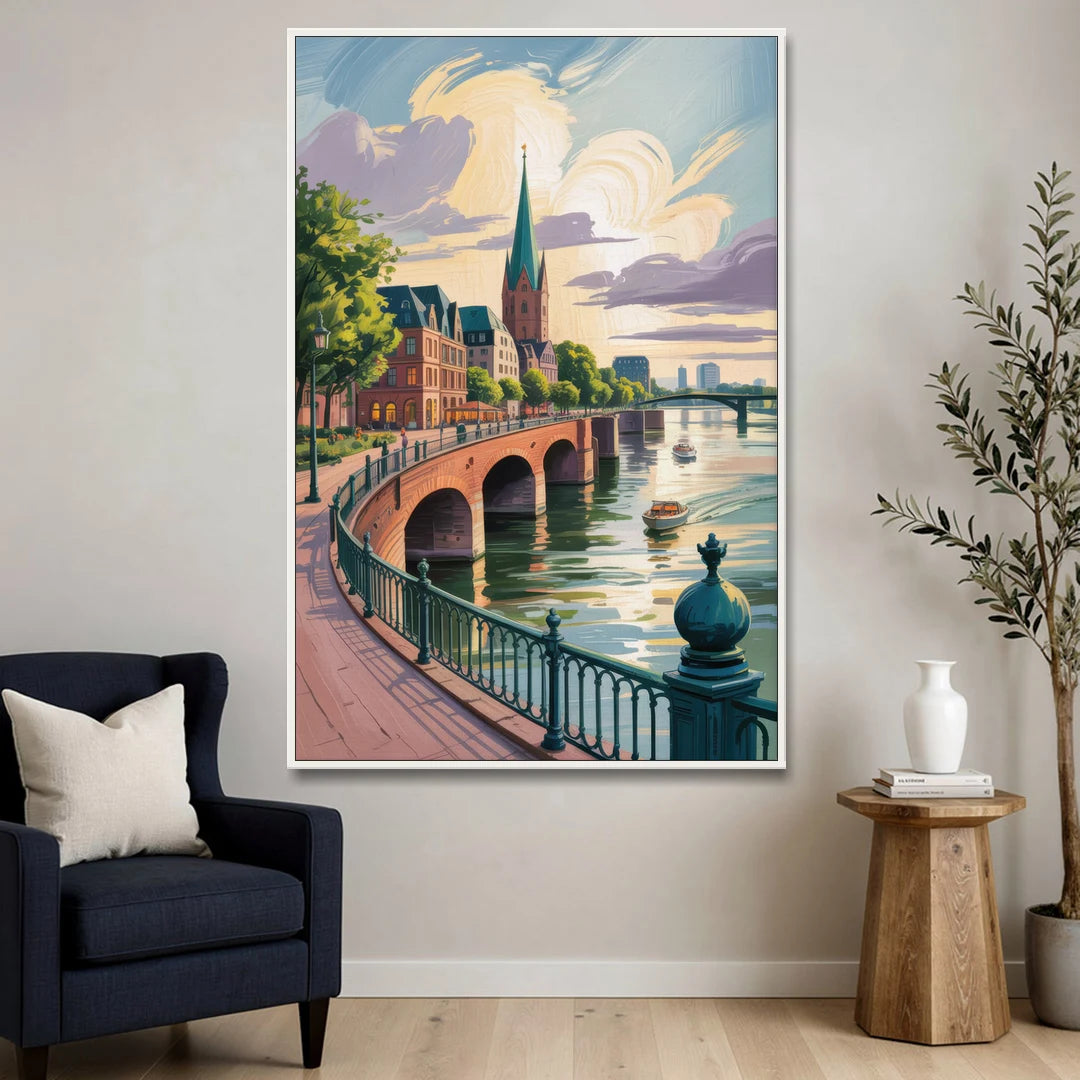 Rhine Promenade - White Framed Canvas Wall Art - Sofa - 40x60