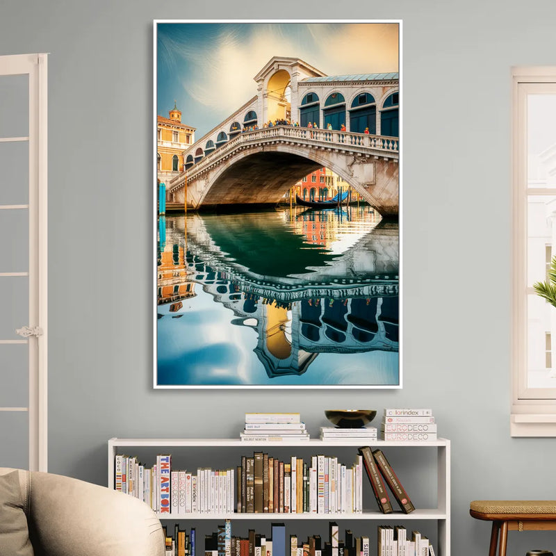 Rialto Bridge Reflections Living Room - White Canvas Wall Art