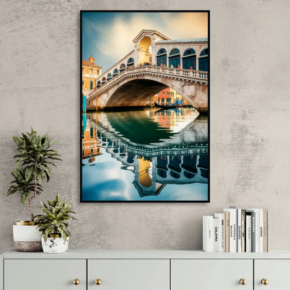 Rialto Bridge Reflections Living Room - Black Canvas Wall Art