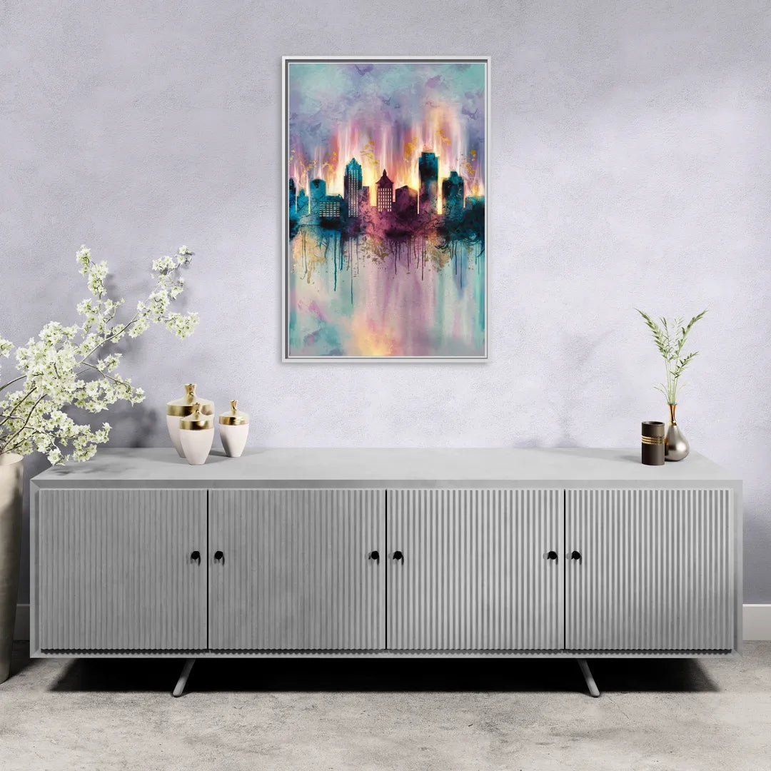 Richmond Skyline Glow - Living Room White Frame Canvas