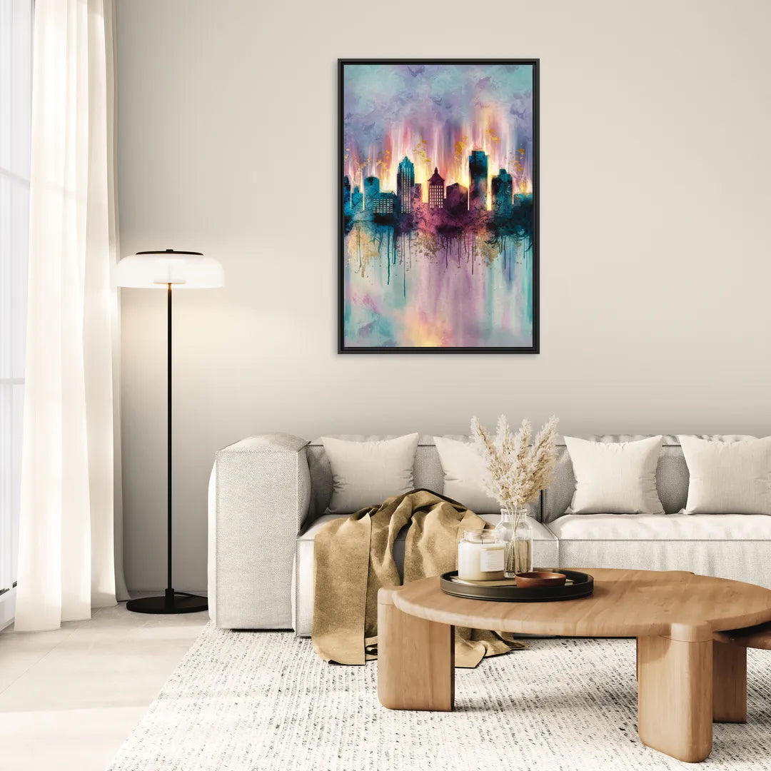 Richmond Skyline Glow - Living Room Black Frame Canvas