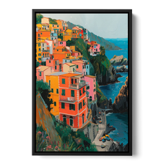 Riomaggiore Painting Above the Sea - Black Framed Canvas Wall Art - Front