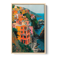 Riomaggiore Painting Above the Sea - Oak Framed Canvas Wall Art - Front