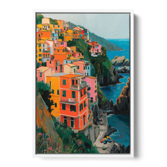 Riomaggiore Painting Above the Sea - White Framed Canvas Wall Art - Front