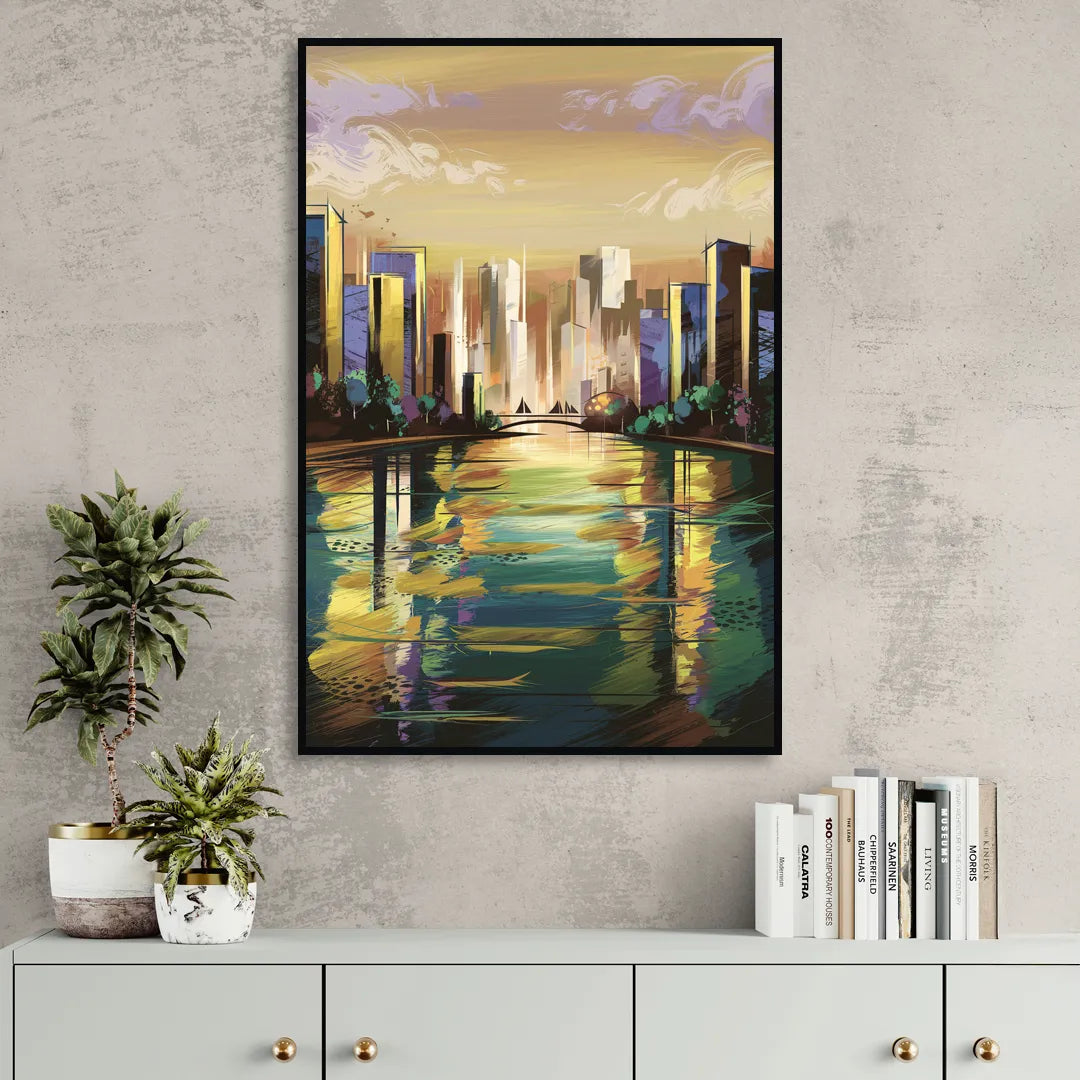 Riverside Downtown Skyline Sitting Room - Black Canvas Wall Art