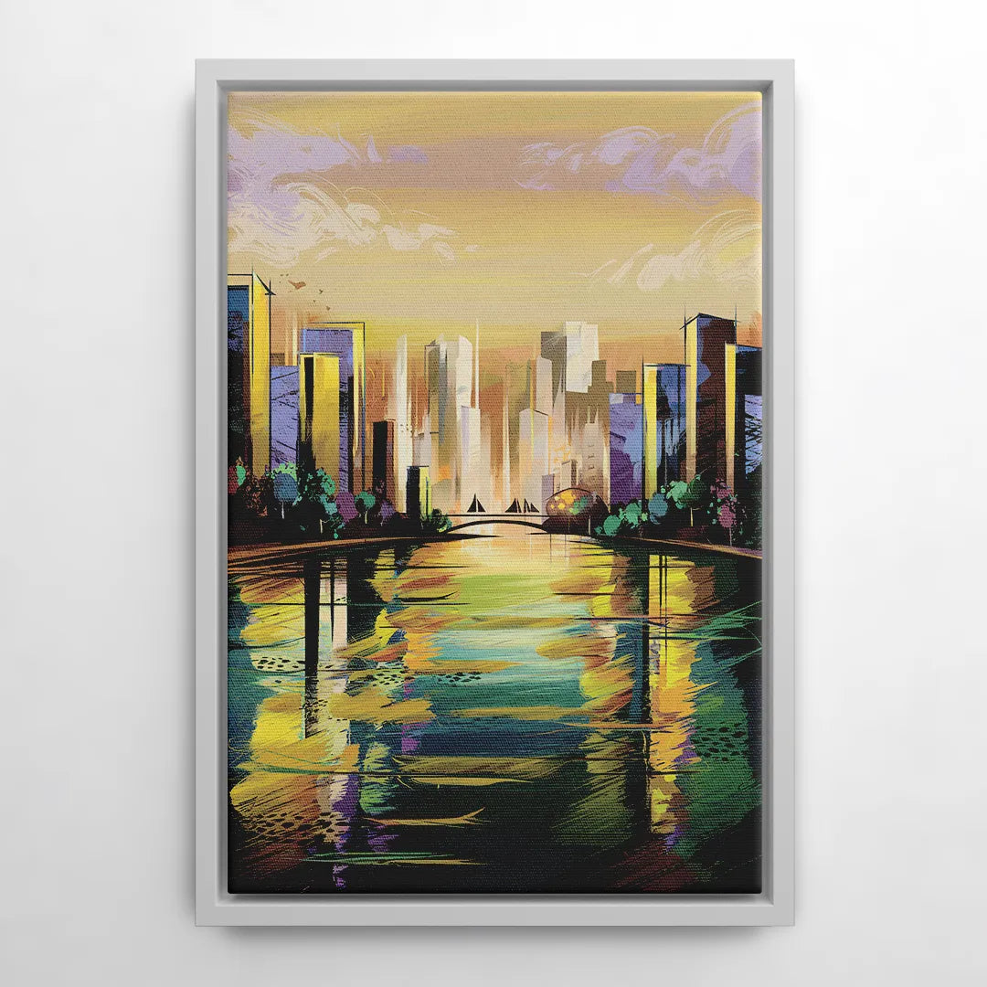 Riverside Downtown Skyline - White Frame Canvas