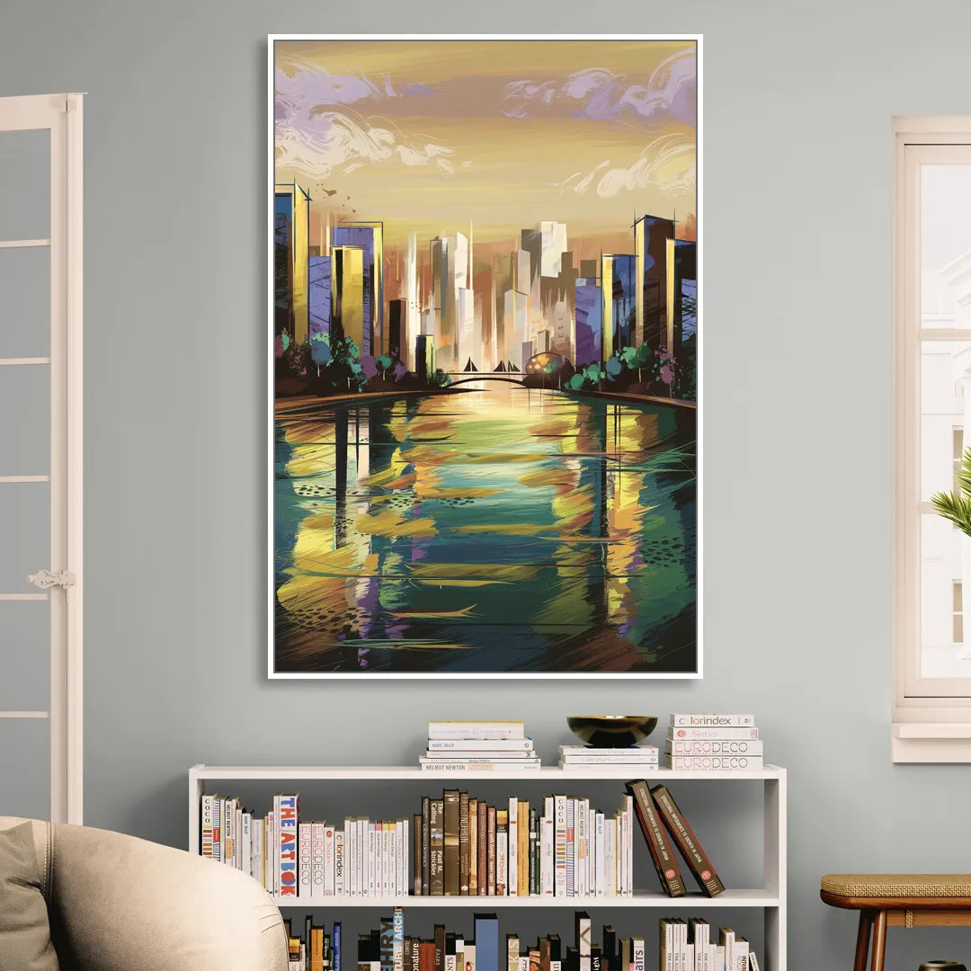 Riverside Downtown Skyline Sitting Room - White Canvas Wall Art
