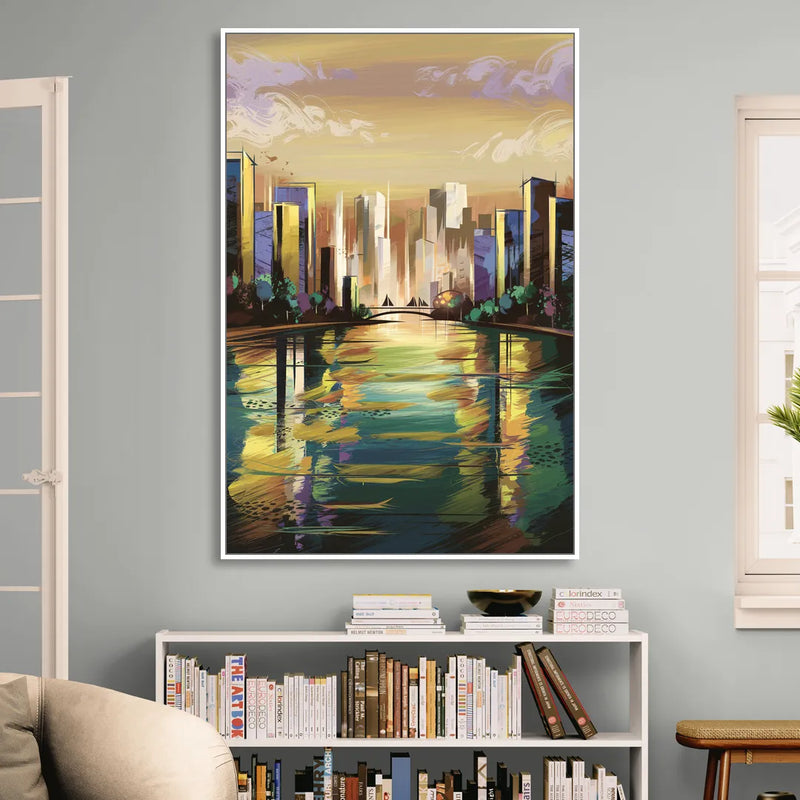Riverside Downtown Skyline Sitting Room - White Canvas Wall Art