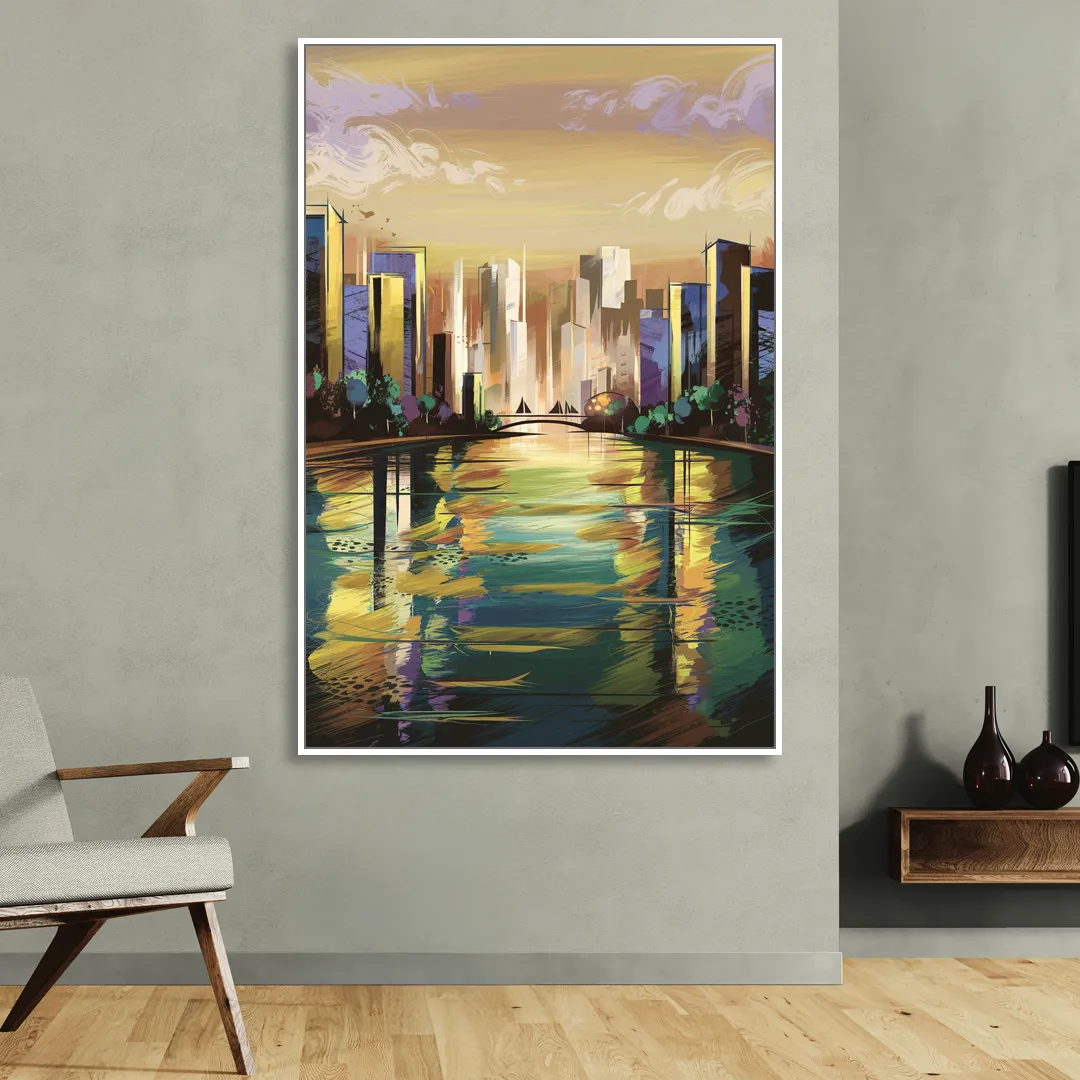 Riverside Downtown Skyline Living Room - White Canvas Wall Art