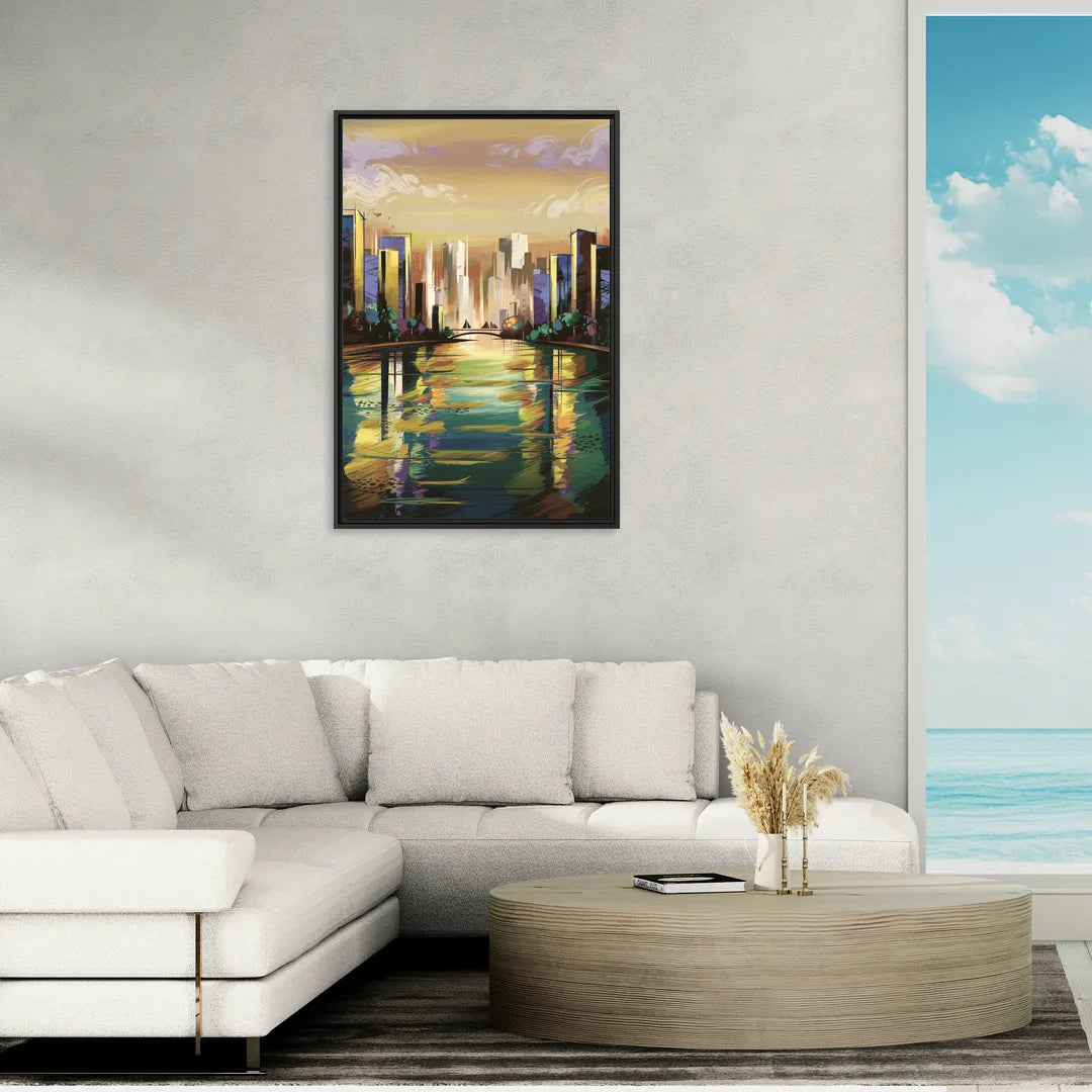 Riverside Downtown Skyline - Living Room Black Frame Canvas