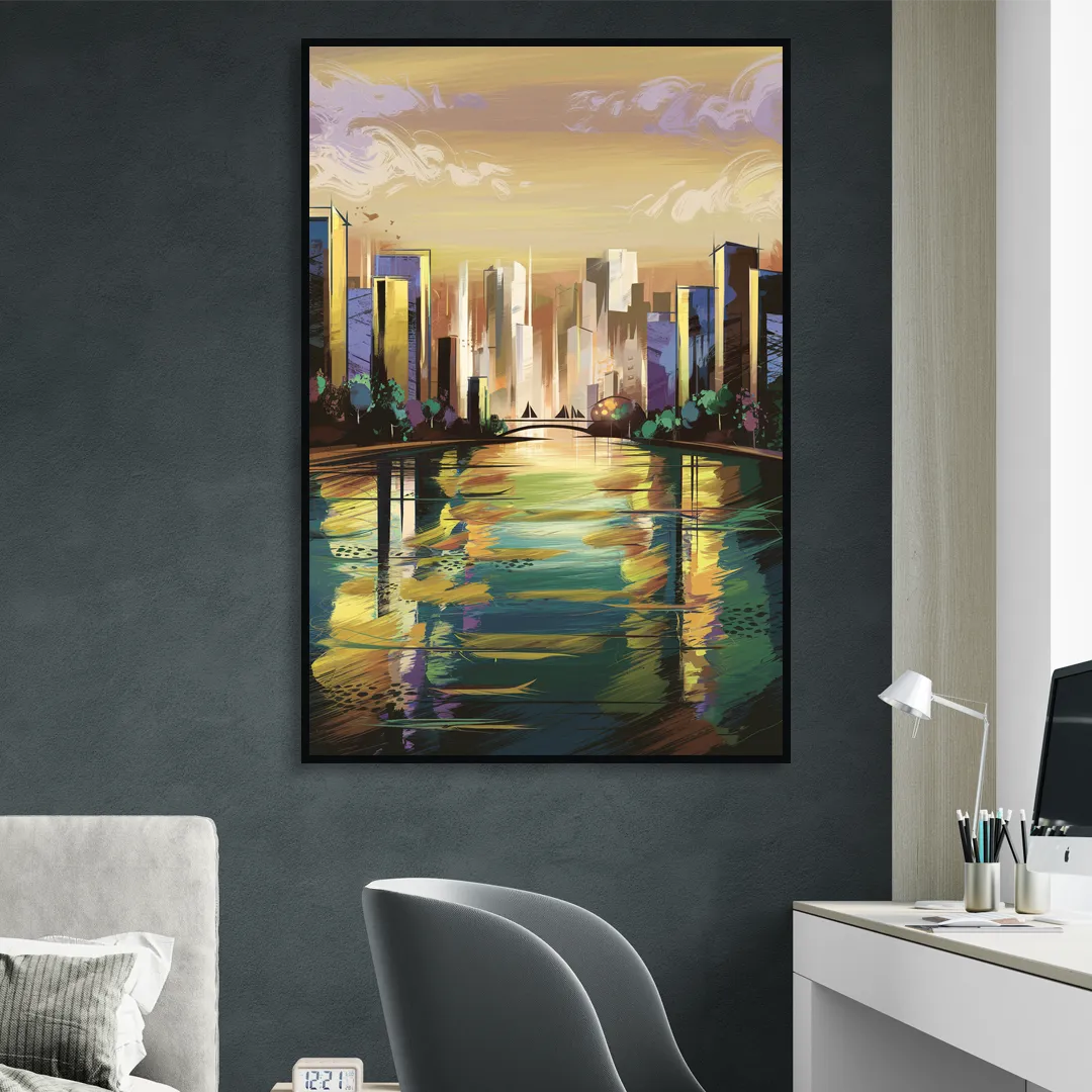 Riverside Downtown Skyline Living Room - Black Canvas Wall Art