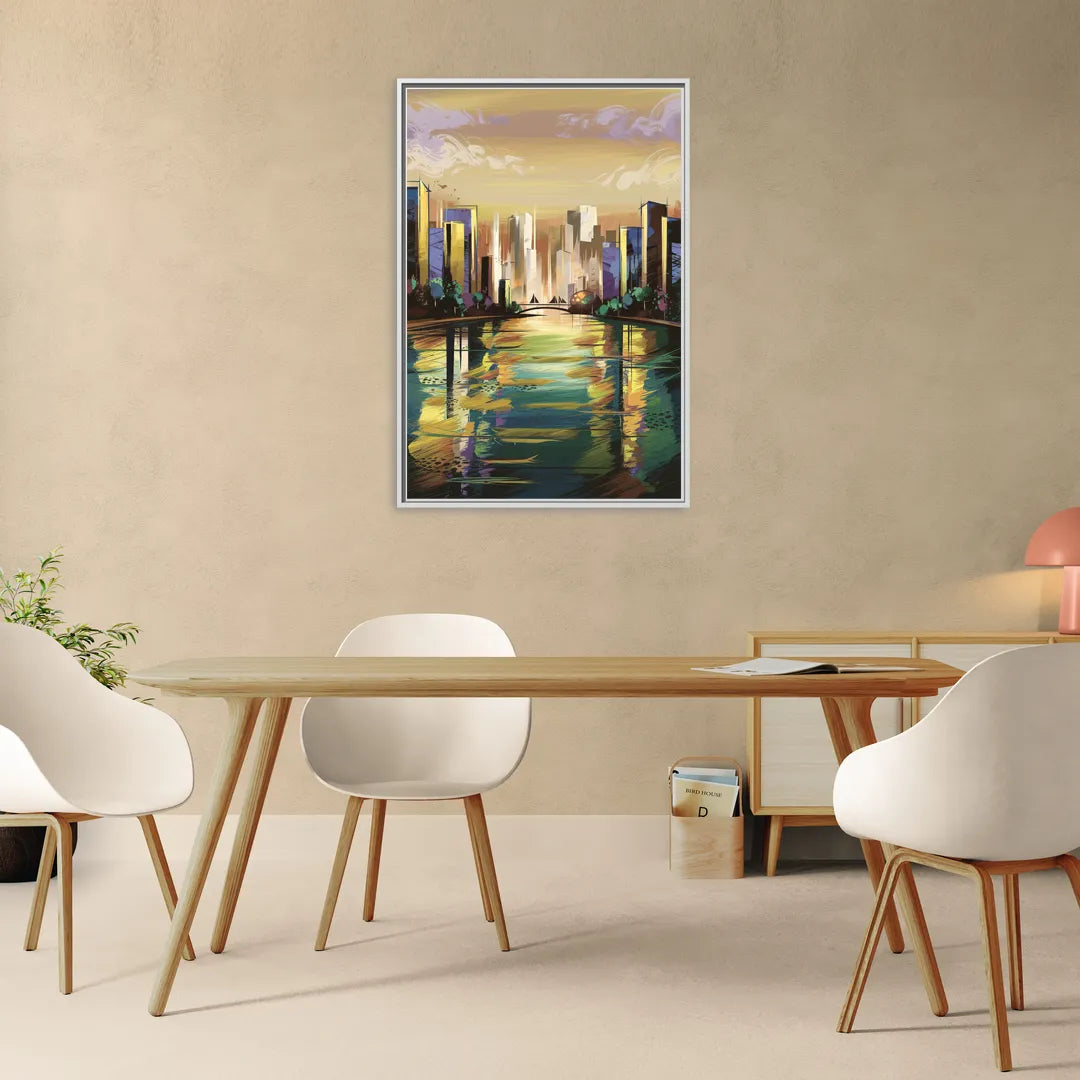 Riverside Downtown Skyline - Living Room White Frame Canvas