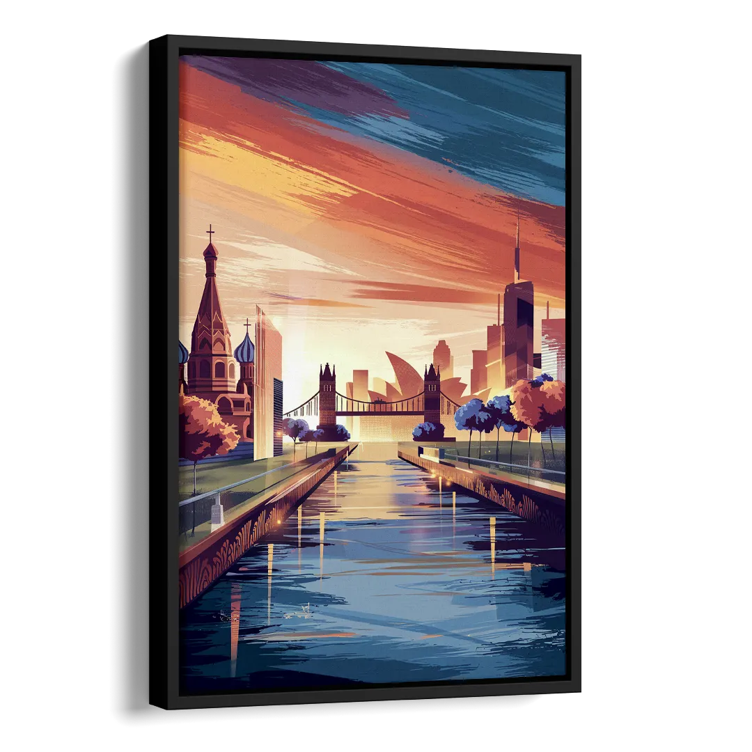 Riverside Iconic Landmarks Side - Black Canvas Wall Art