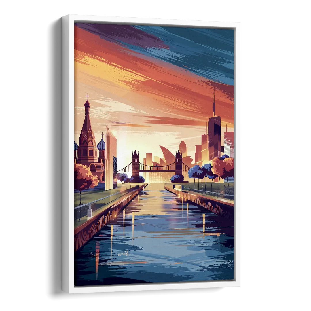 Riverside Iconic Landmarks Side - White Canvas Wall Art