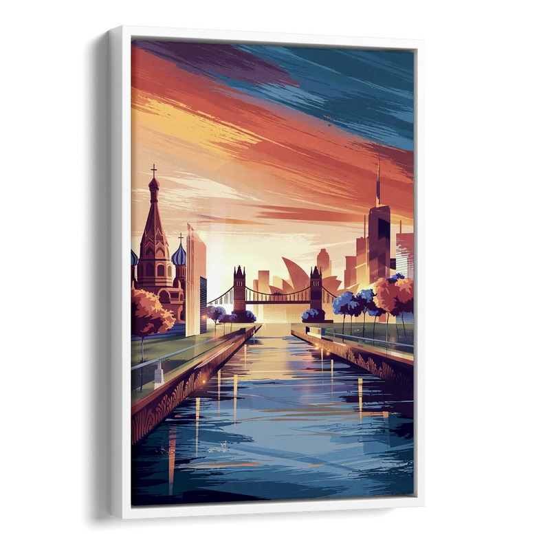 Riverside Iconic Landmarks Side - White Canvas Wall Art